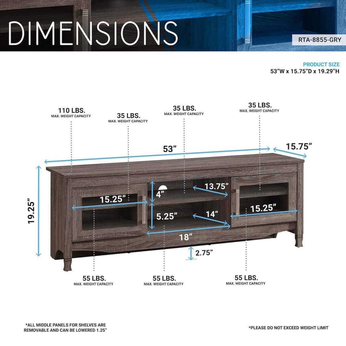 Techni Mobili Gray Driftwood TV Stand RTA-8855-GRY Dimensions