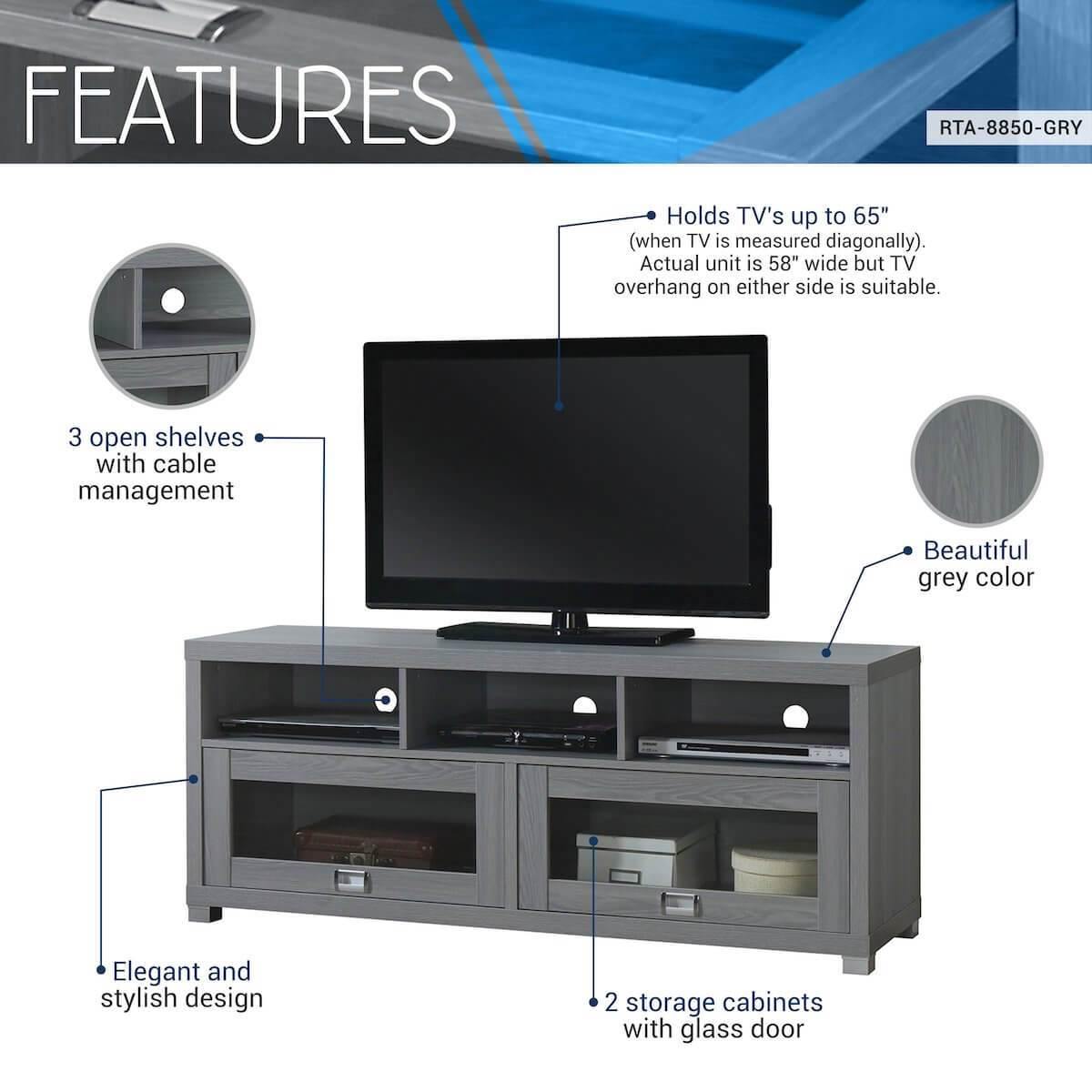 Techni Mobili Gray Durbin TV Stand for TVs up to 65" RTA-8850-GRY Features