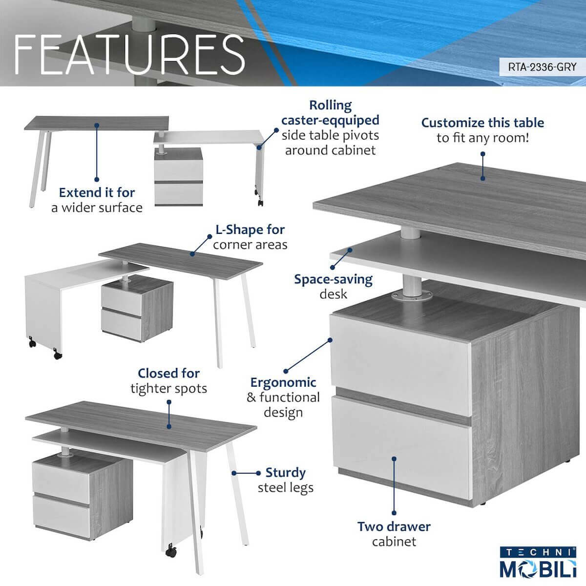 Techni Mobili Gray Rotating Multi-Positional Modern Desk RTA-2336-GRY Features