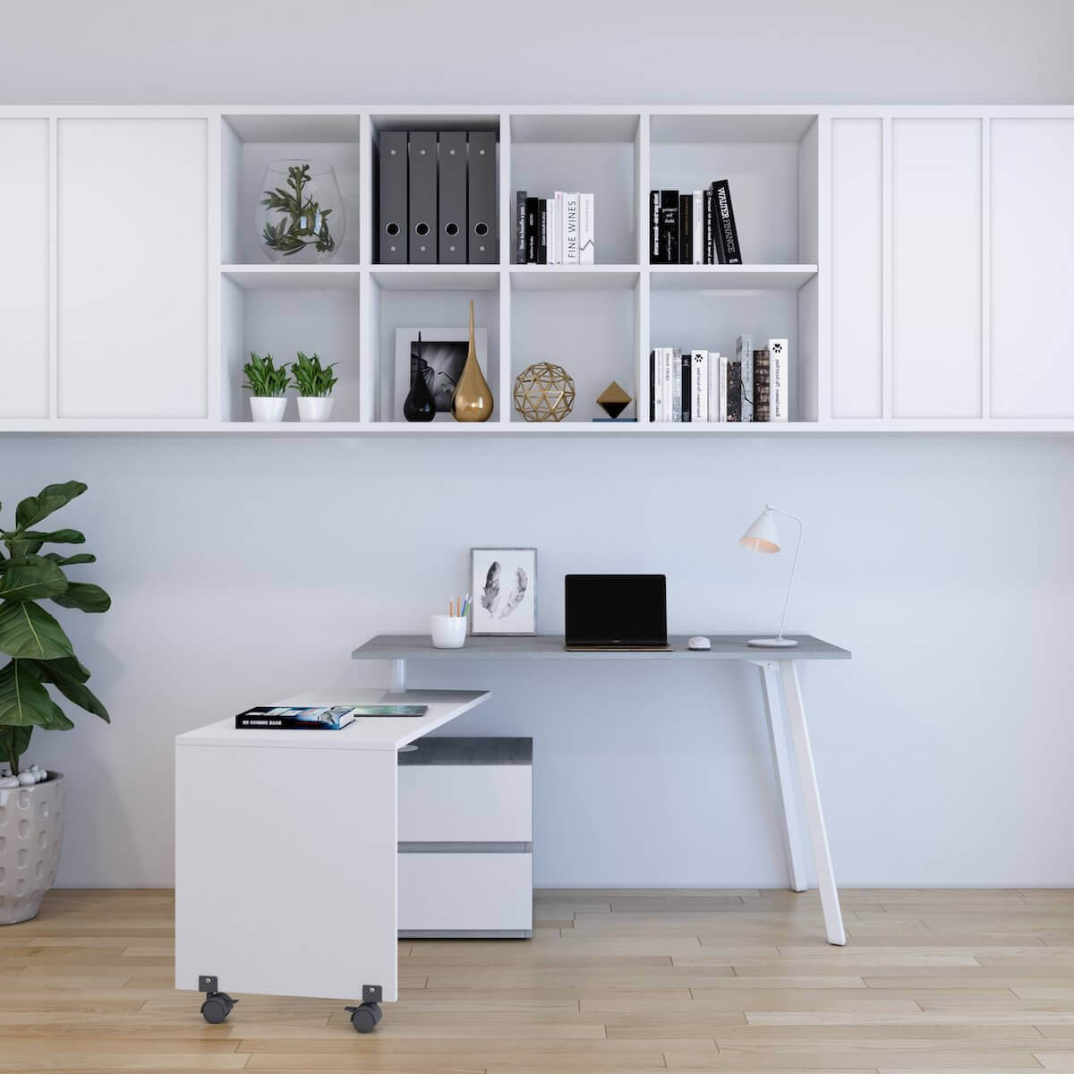 Techni Mobili Gray Rotating Multi-Positional Modern Desk RTA-2336-GRY L-Shaped in Office