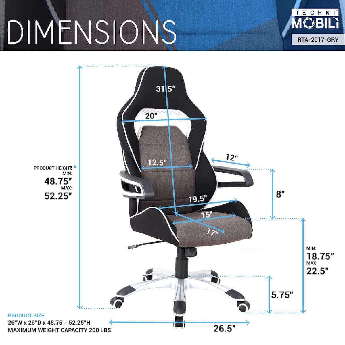 Techni Mobili Gray/Black Ergonomic Upholstered Racing Style Home & Office Chair RTA-2017-GRY Dimensions