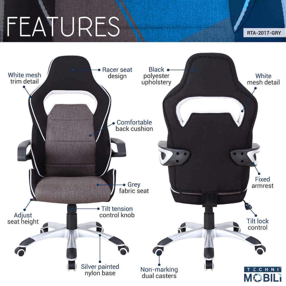 Techni Mobili Gray/Black Ergonomic Upholstered Racing Style Home & Office Chair RTA-2017-GRY Features