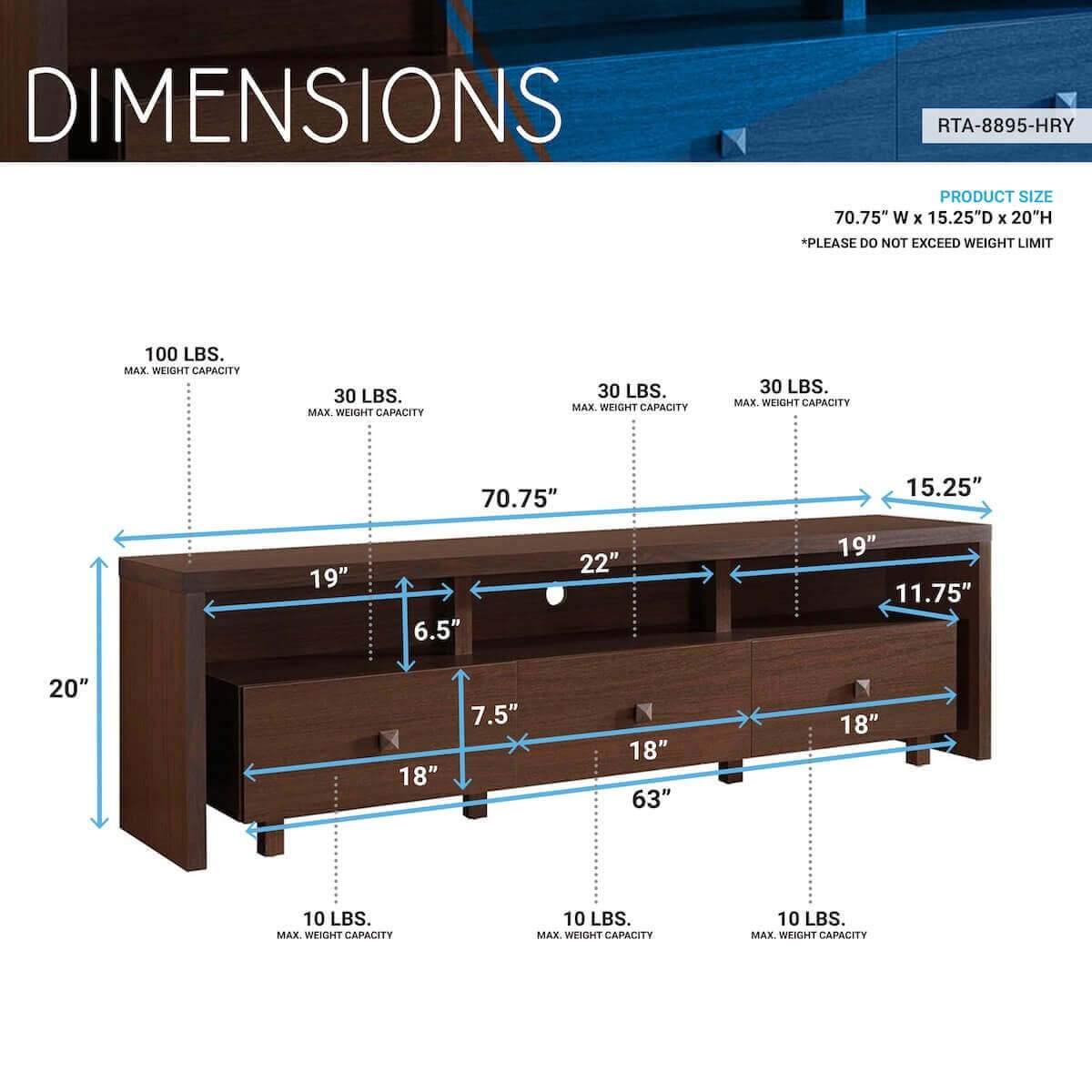 Techni Mobili Hickory Elegant TV Stand for TV's Up To 75" with Storage RTA-8895-HRY Dimensions