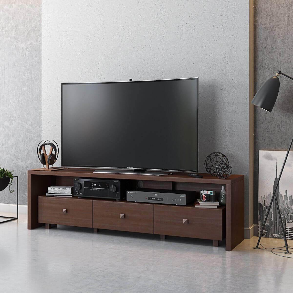 Techni Mobili Hickory Elegant TV Stand for TV's Up To 75" with Storage RTA-8895-HRY with TV in Room