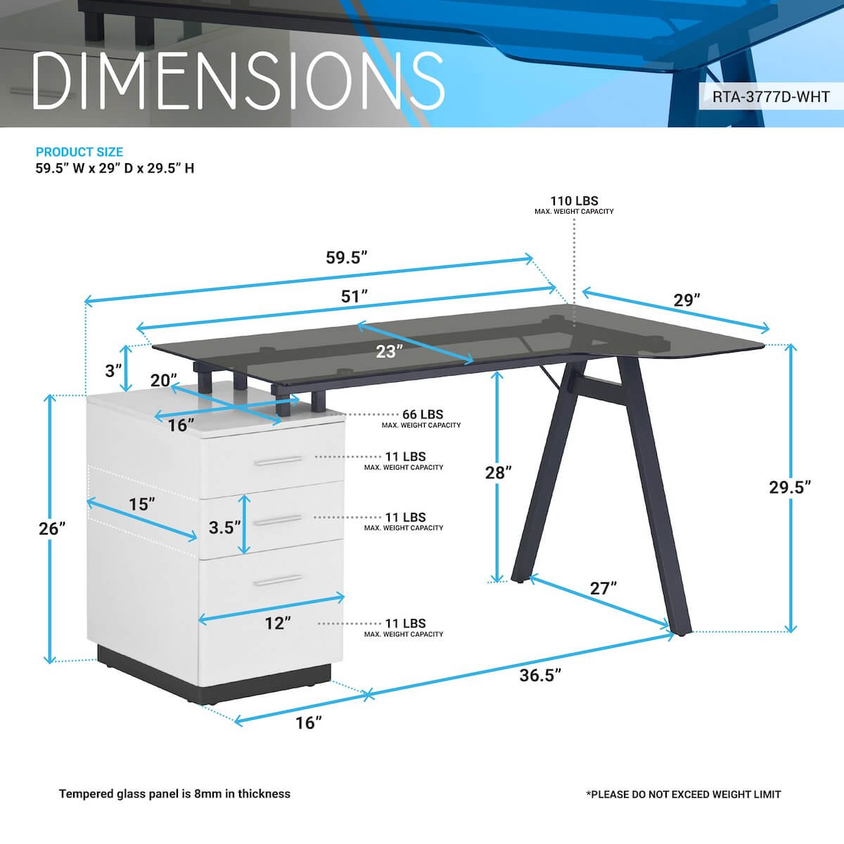 Techni Mobili Modern Home Office Computer Desk With Smoke Tempered Glass Top & Storage RTA-3377D-WHT Dimensions
