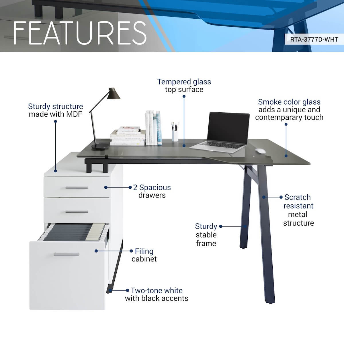 Techni Mobili Modern Home Office Computer Desk With Smoke Tempered Glass Top & Storage RTA-3377D-WHT Features