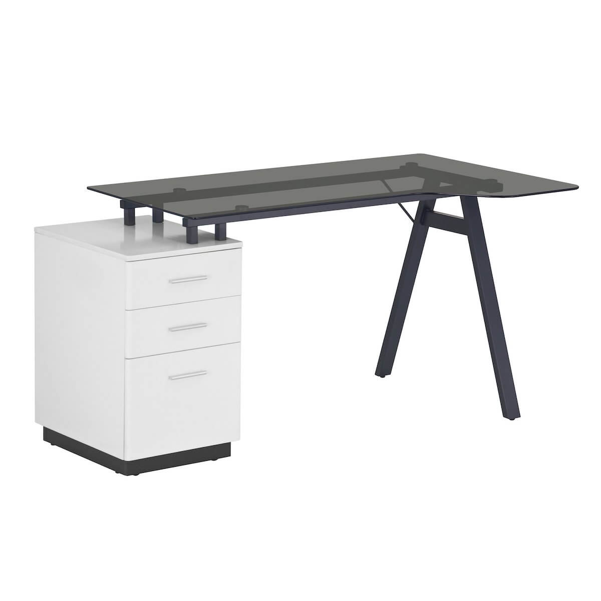 Techni Mobili Modern Home Office Computer Desk With Smoke Tempered Glass Top & Storage RTA-3377D-WHT Angle