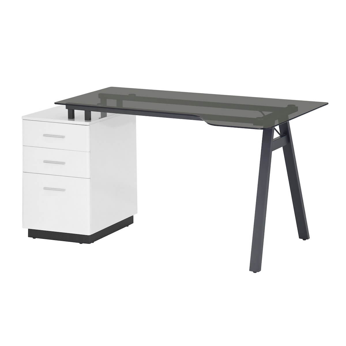 Techni Mobili Modern Home Office Computer Desk With Smoke Tempered Glass Top & Storage RTA-3377D-WHT Angle