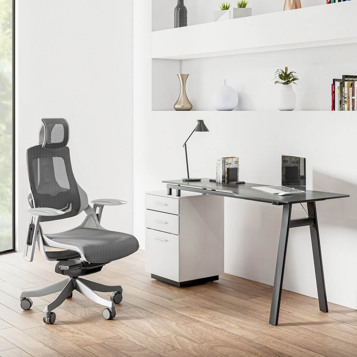 Techni Mobili Modern Home Office Computer Desk With Smoke Tempered Glass Top & Storage RTA-3377D-WHT in Office