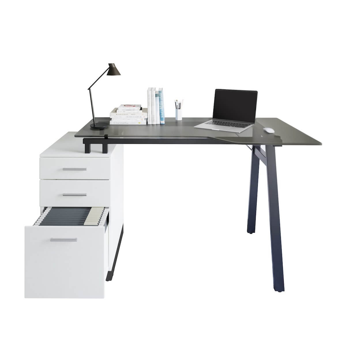Techni Mobili Modern Home Office Computer Desk With Smoke Tempered Glass Top & Storage RTA-3377D-WHT with Laptop