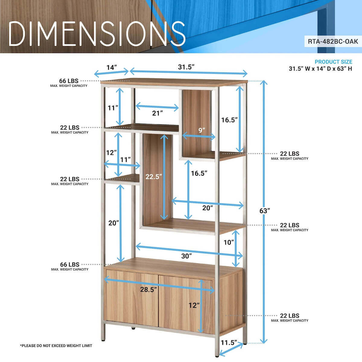 Techni Mobili Oak Book Case Storage Rack With Door Cabinet Dimensions RTA-482BC-OAK #color_oak