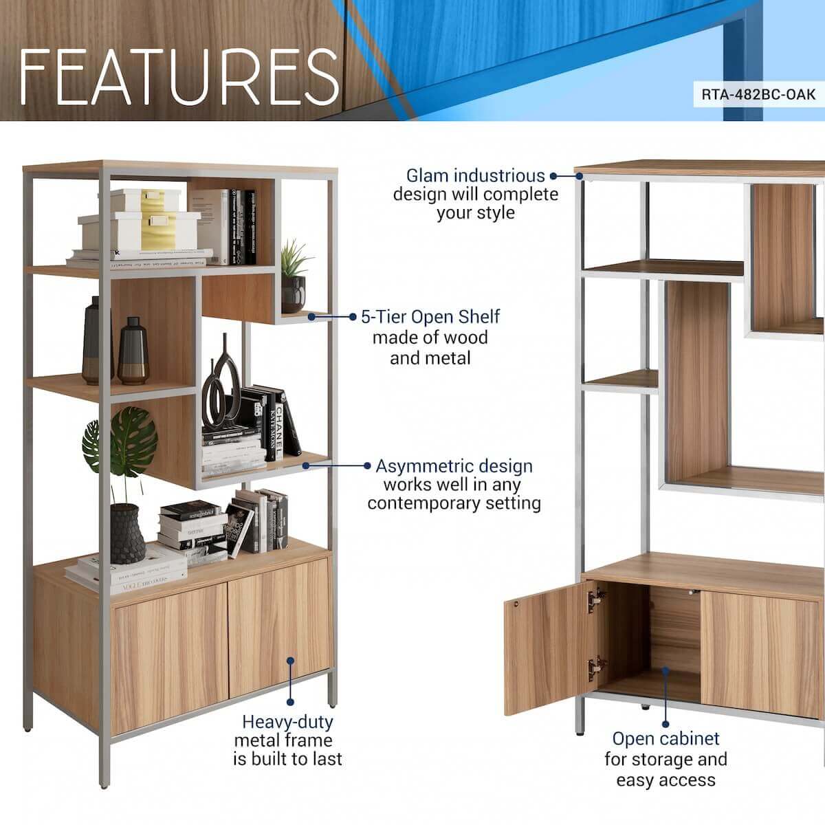 Techni Mobili Oak Book Case Storage Rack With Door Cabinet Features RTA-482BC-OAK #color_oak