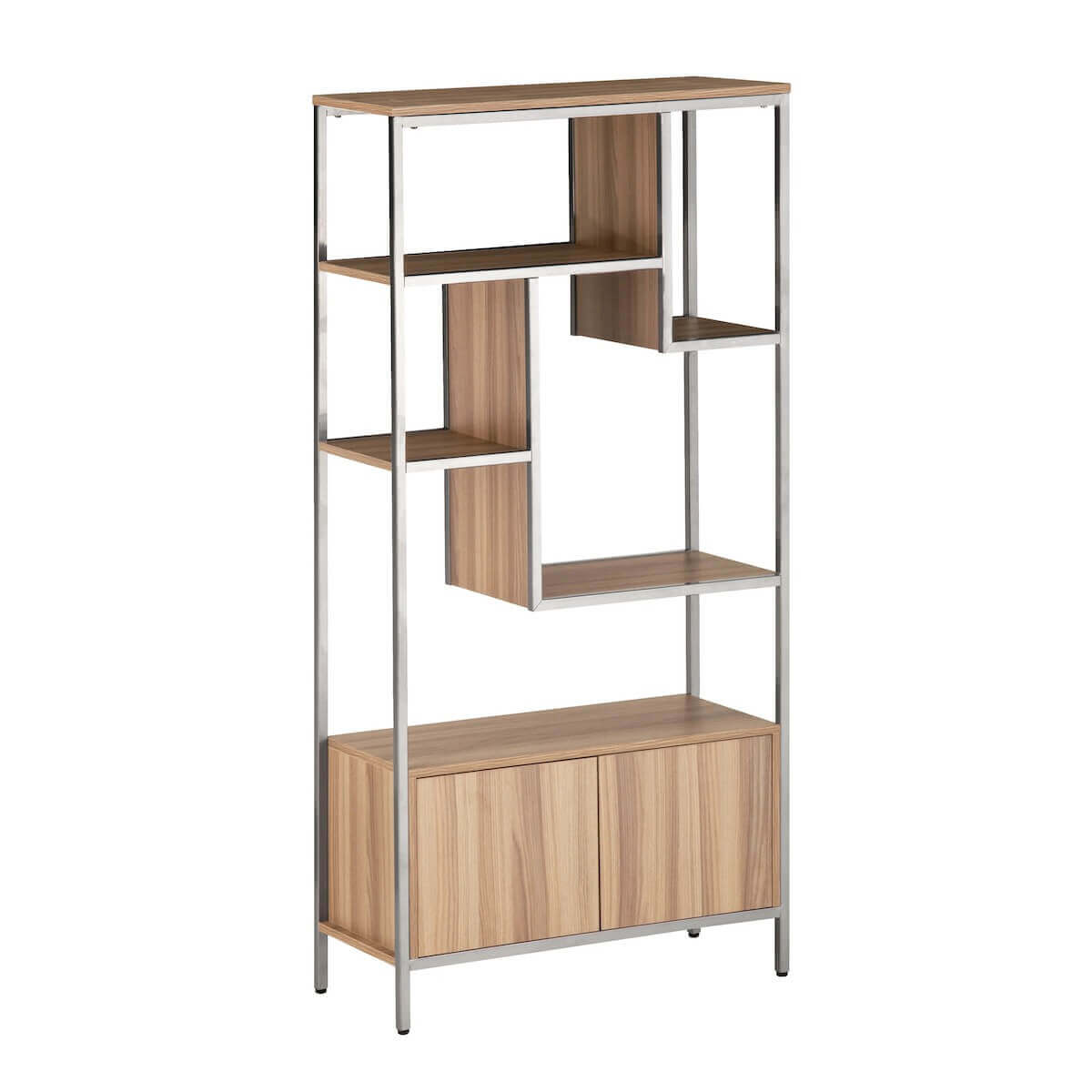 Techni Mobili Oak Book Case Storage Rack With Door Cabinet Left Angle RTA-482BC-OAK #color_oak