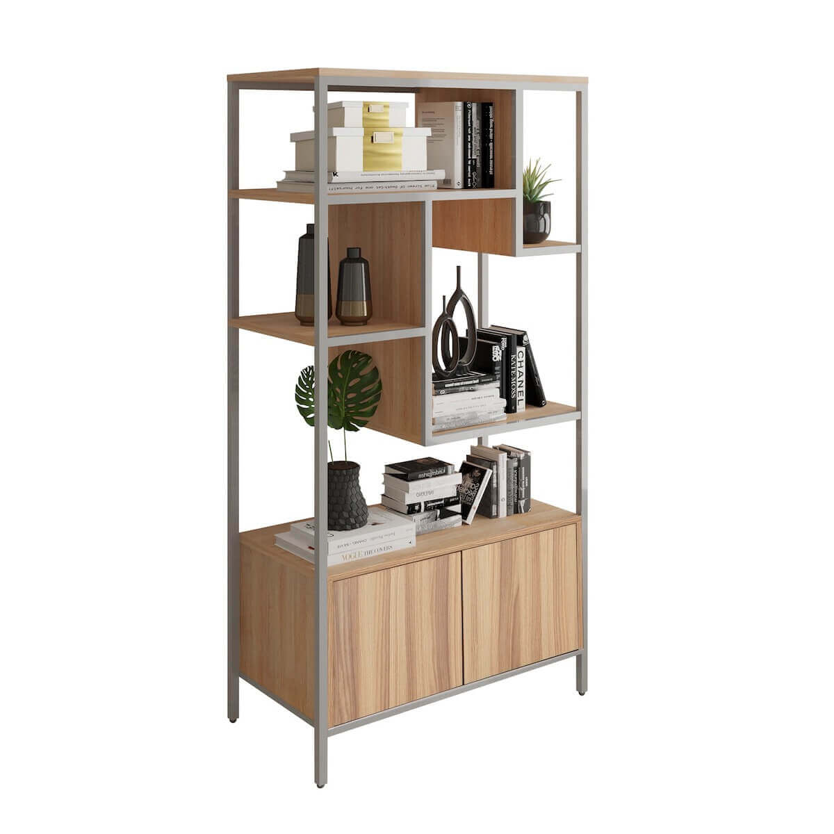Techni Mobili Oak Book Case Storage Rack With Door Cabinet With Books RTA-482BC-OAK #color_oak