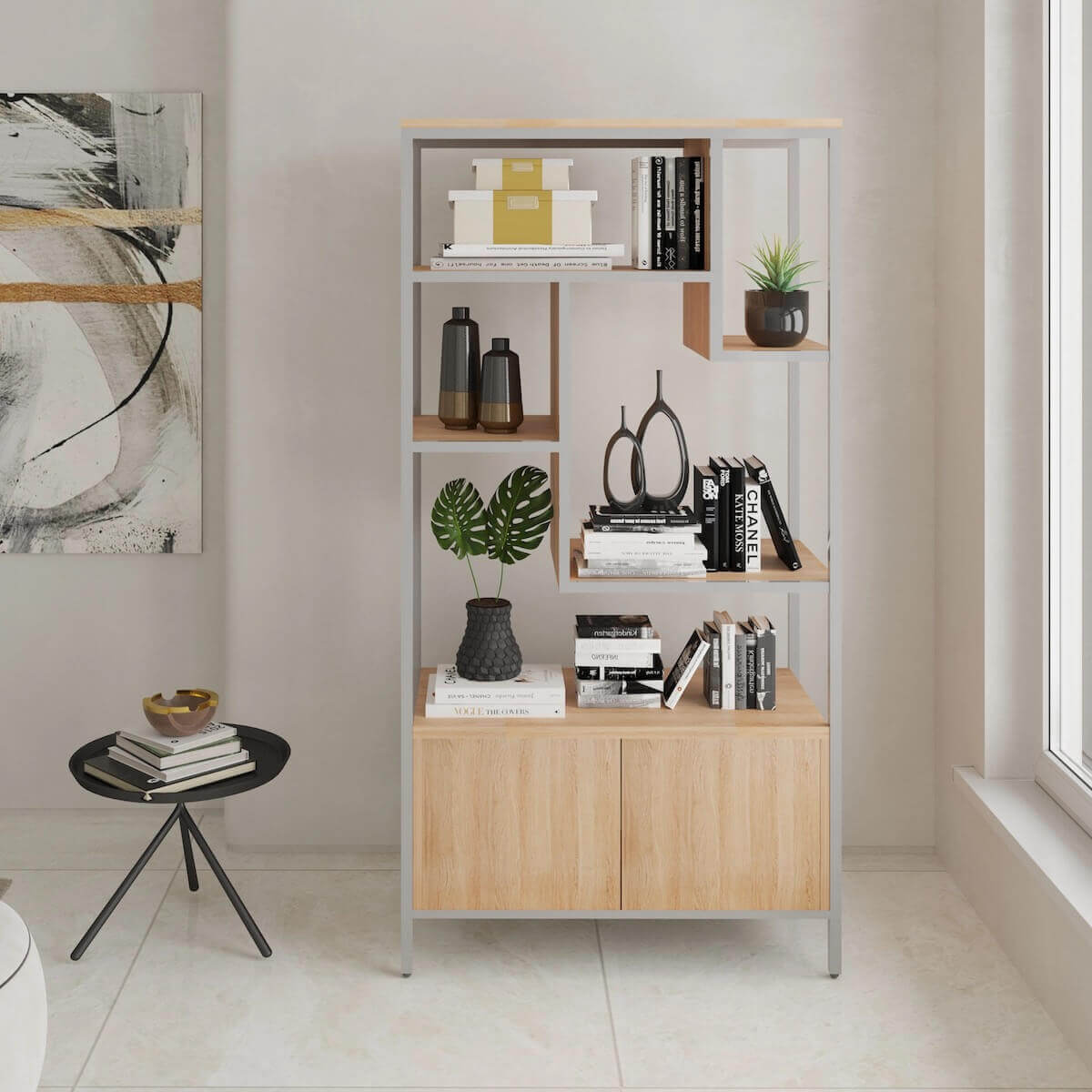 Techni Mobili Oak Book Case Storage Rack With Door Cabinet in Room RTA-482BC-OAK #color_oak