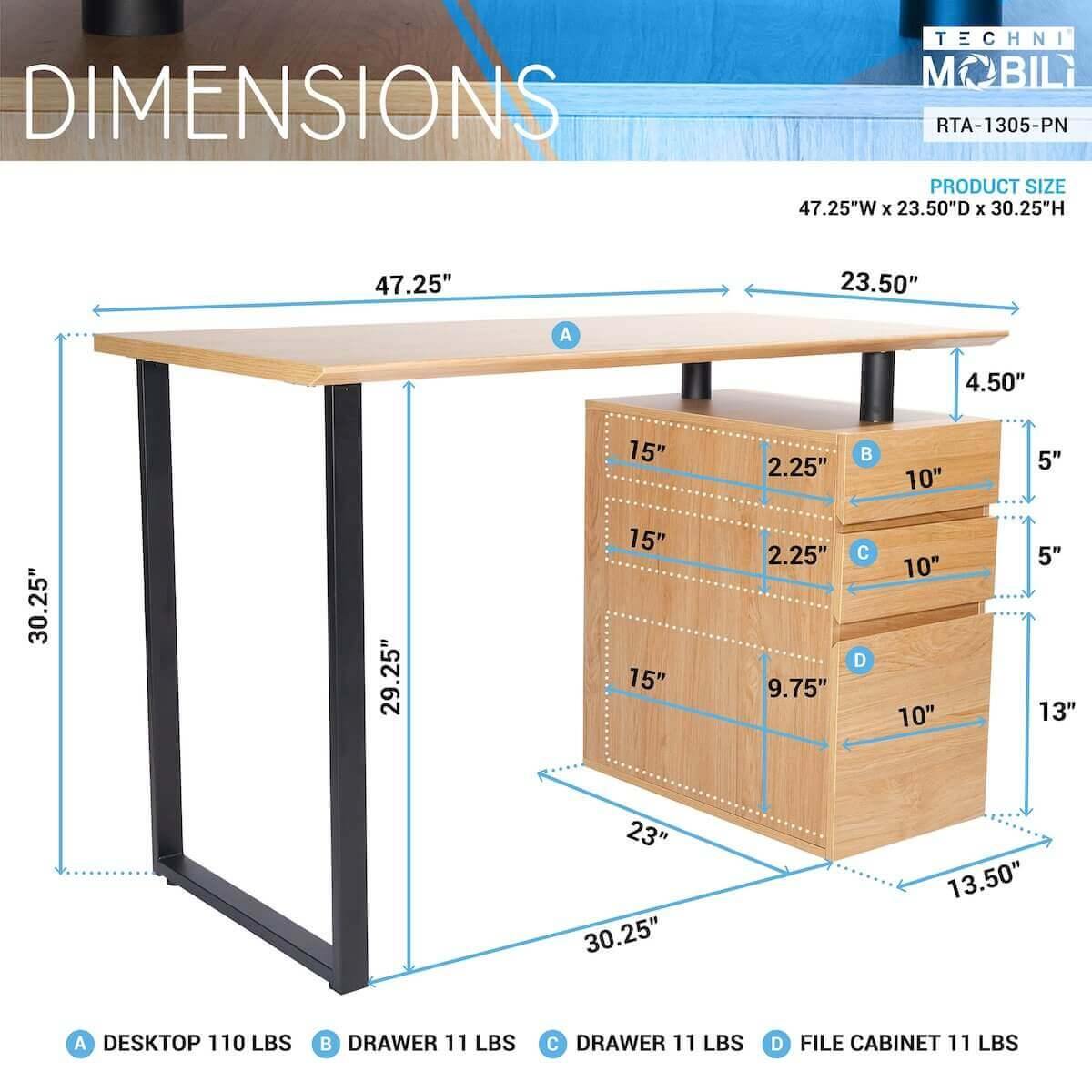 Techni Mobili Pine Computer Desk with Storage and File Cabinet RTA-1305-PN Dimensions