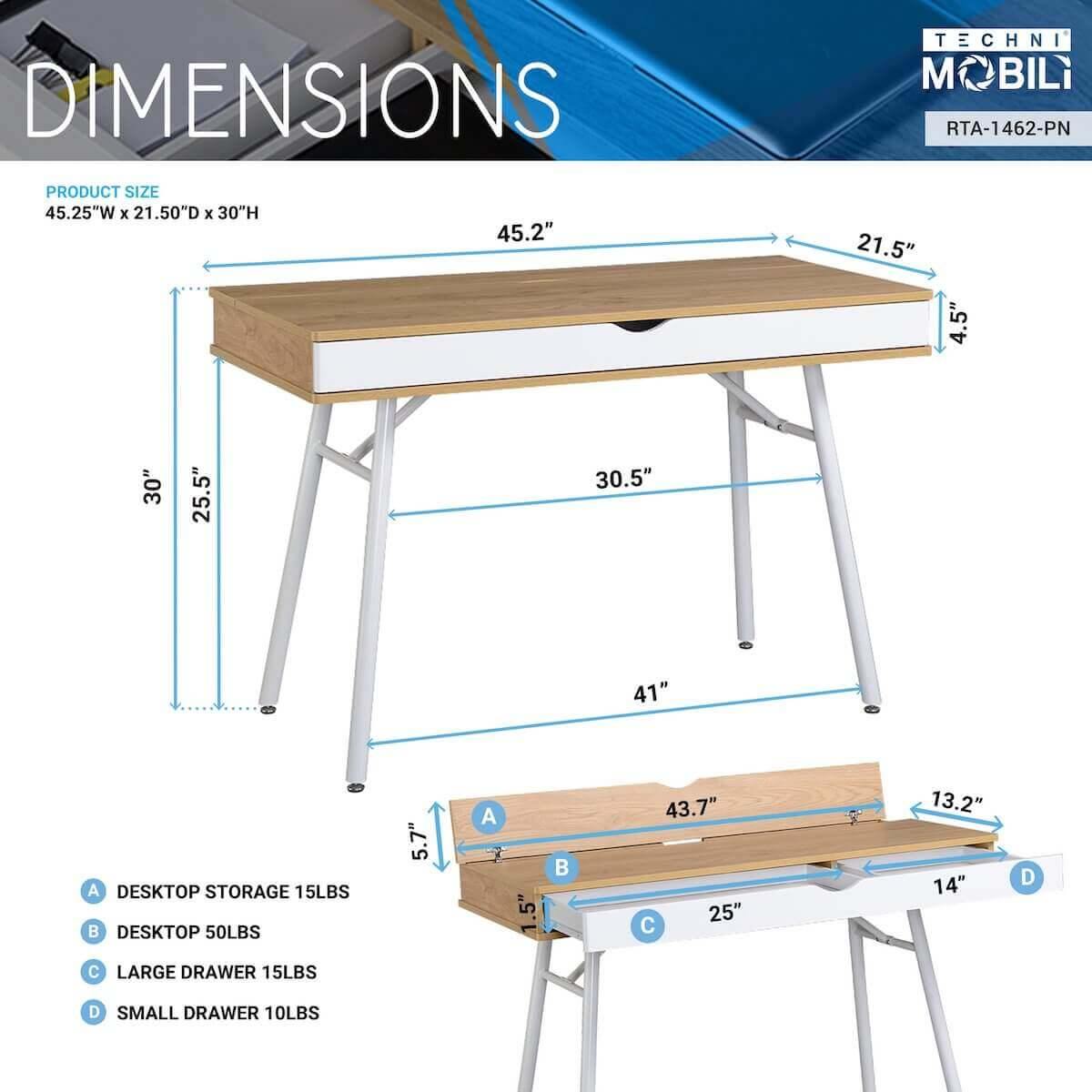 Techni Mobili Pine Modern Multi Storage Computer Desk with Storage RTA-1462-PN Dimensions