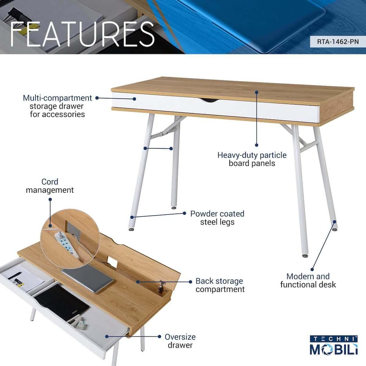Techni Mobili Pine Modern Multi Storage Computer Desk with Storage RTA-1462-PN Features
