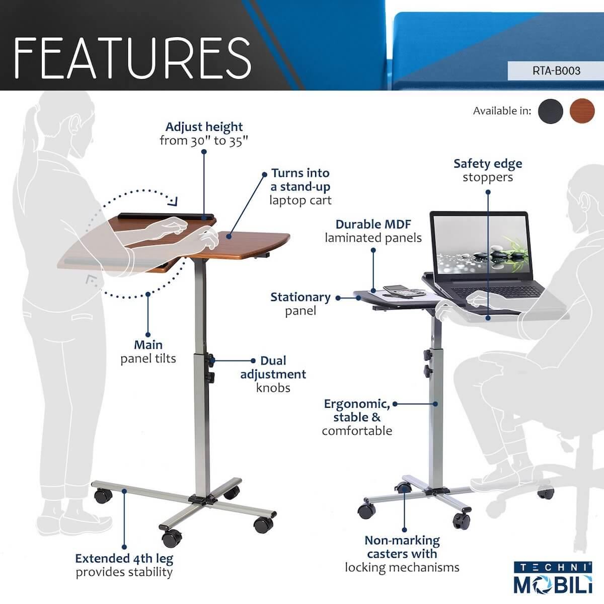Techni Mobili Rolling Adjustable Laptop Cart RTA-B003 Features