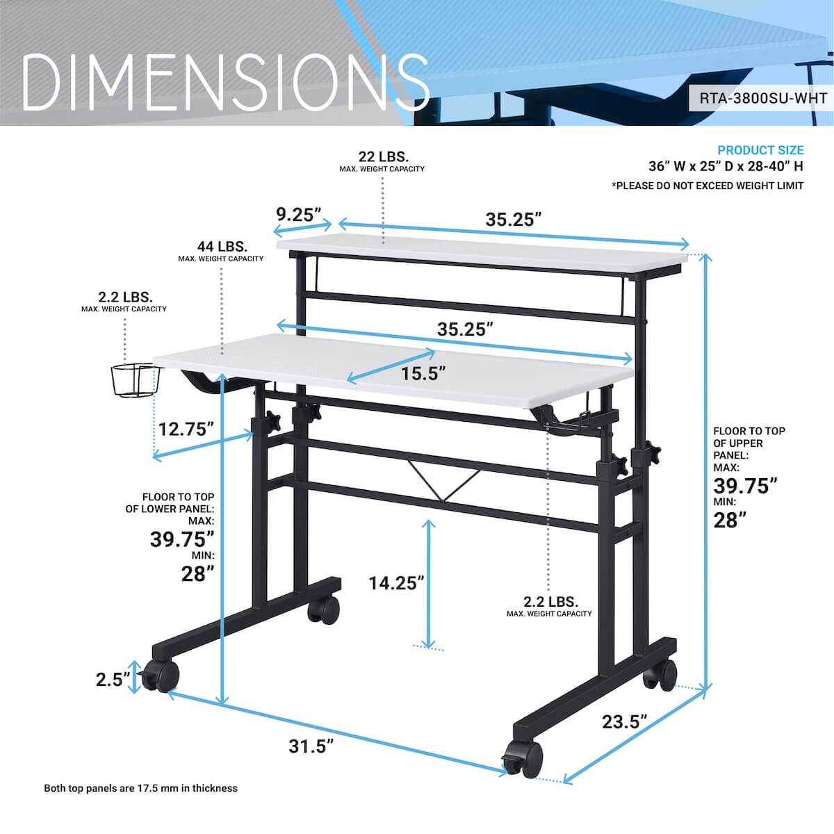 Techni Mobili Rolling Writing Desk with Height Adjustable Desktop and Moveable Shelf RTA-3800SU Dimensions