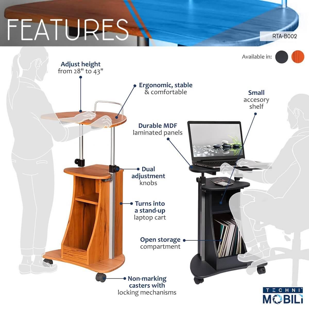Techni Mobili Sit-to-Stand Rolling Adjustable Height Laptop Cart With Storage RTA-B002 Features