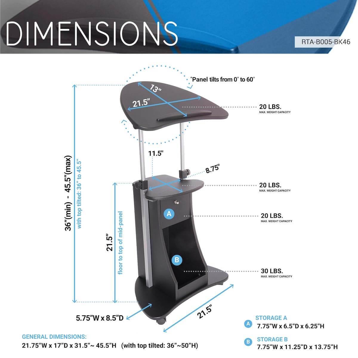 Techni Mobili Sit-to-Stand Rolling Adjustable Laptop Cart With Storage RTA-B005 Dimensions