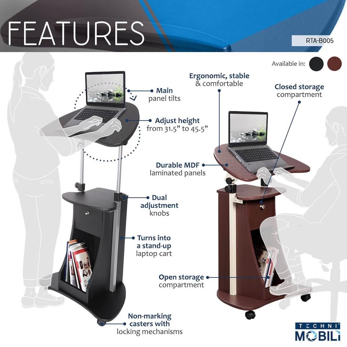 Techni Mobili Sit-to-Stand Rolling Adjustable Laptop Cart With Storage RTA-B005 Features