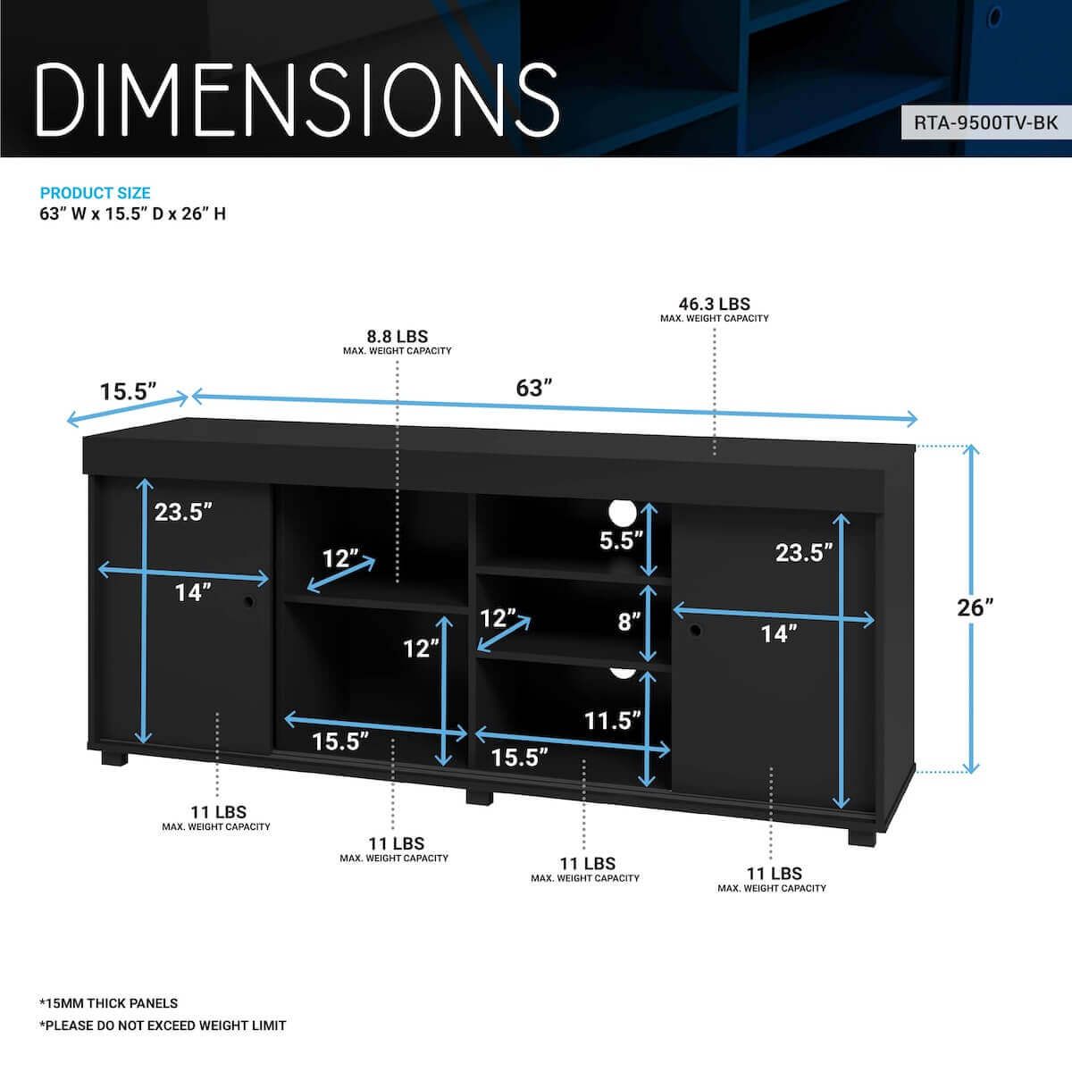 Techni Mobili TV Stand with Storage for TVs Up to 60" RTA-9500TV Dimensions
