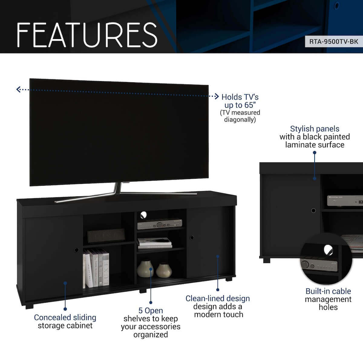 Techni Mobili TV Stand with Storage for TVs Up to 60" RTA-9500TV Features