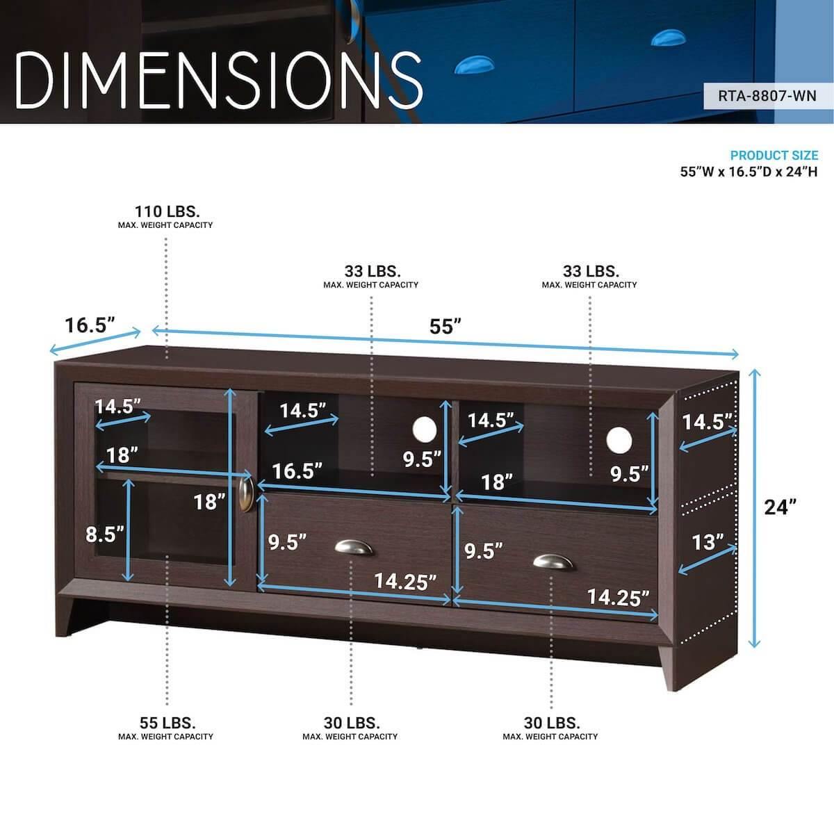 Techni Mobili Wenge Modern TV Stand with Storage for TVs Up To 60" RTA-8807-WN Dimensions