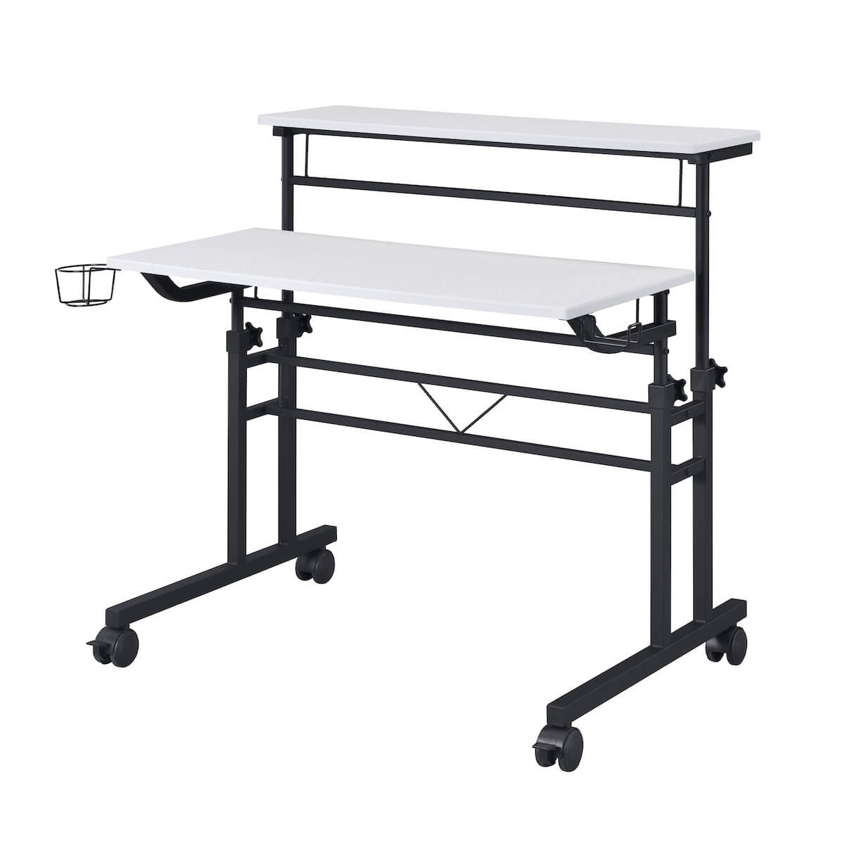 Techni Mobili  White Rolling Writing Desk with Height Adjustable Desktop and Moveable Shelf RTA-3800SU-WHT Extended Angle #color_white