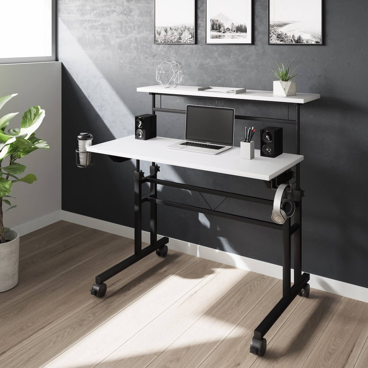 Techni Mobili  White Rolling Writing Desk with Height Adjustable Desktop and Moveable Shelf RTA-3800SU-WHT in Office #color_white