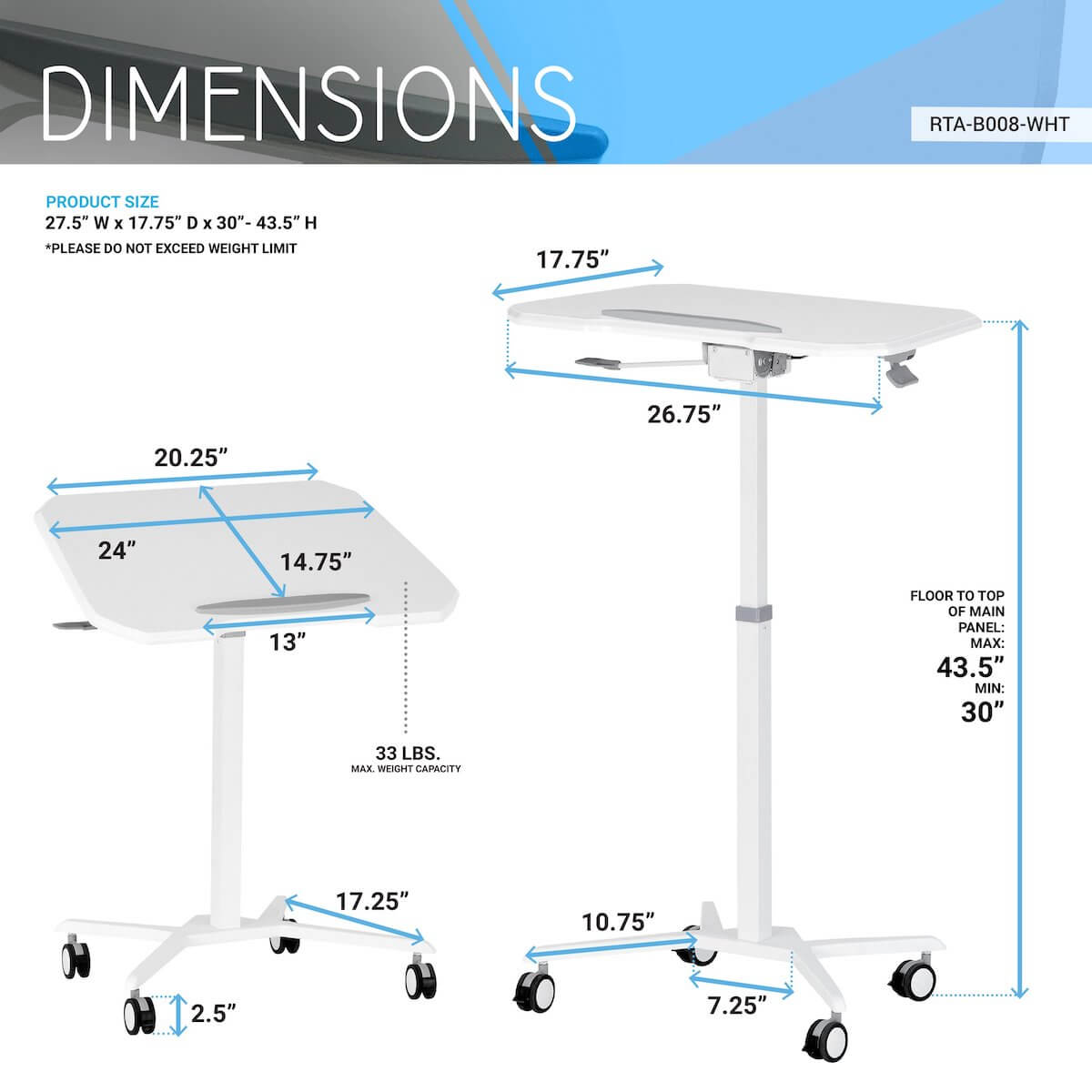 Techni Mobili White Sit to Stand Mobile Laptop Computer Stand with Height Adjustable and Tiltable Tabletop RTA-B008-WHT Dimensions