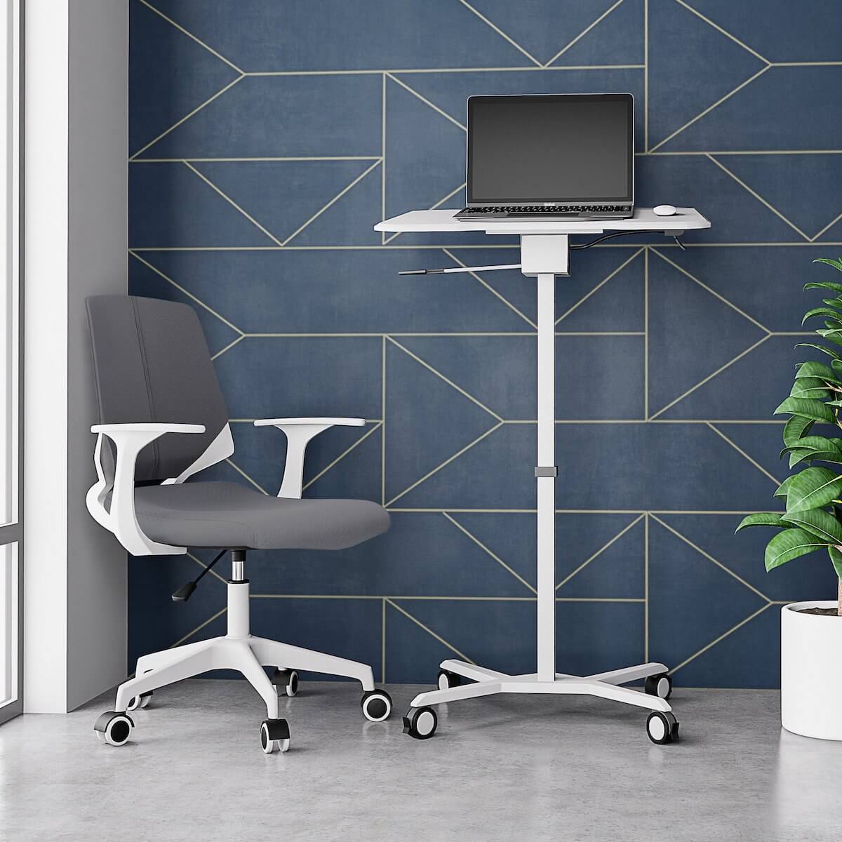 Techni Mobili White Sit to Stand Mobile Laptop Computer Stand with Height Adjustable and Tiltable Tabletop RTA-B008-WHT Extended in Office