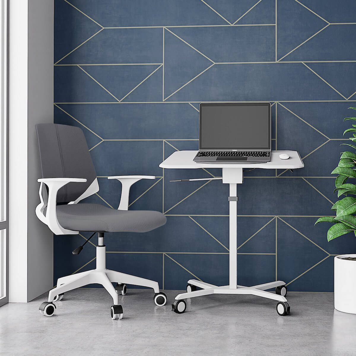 Techni Mobili White Sit to Stand Mobile Laptop Computer Stand with Height Adjustable and Tiltable Tabletop RTA-B008-WHT in Office