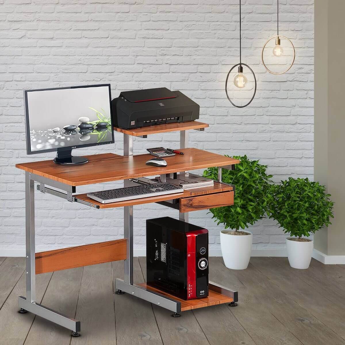 Techni Mobili Wood Grain Complete Computer Workstation Desk RTA-2706A-WG01 in Office #color_wood grain