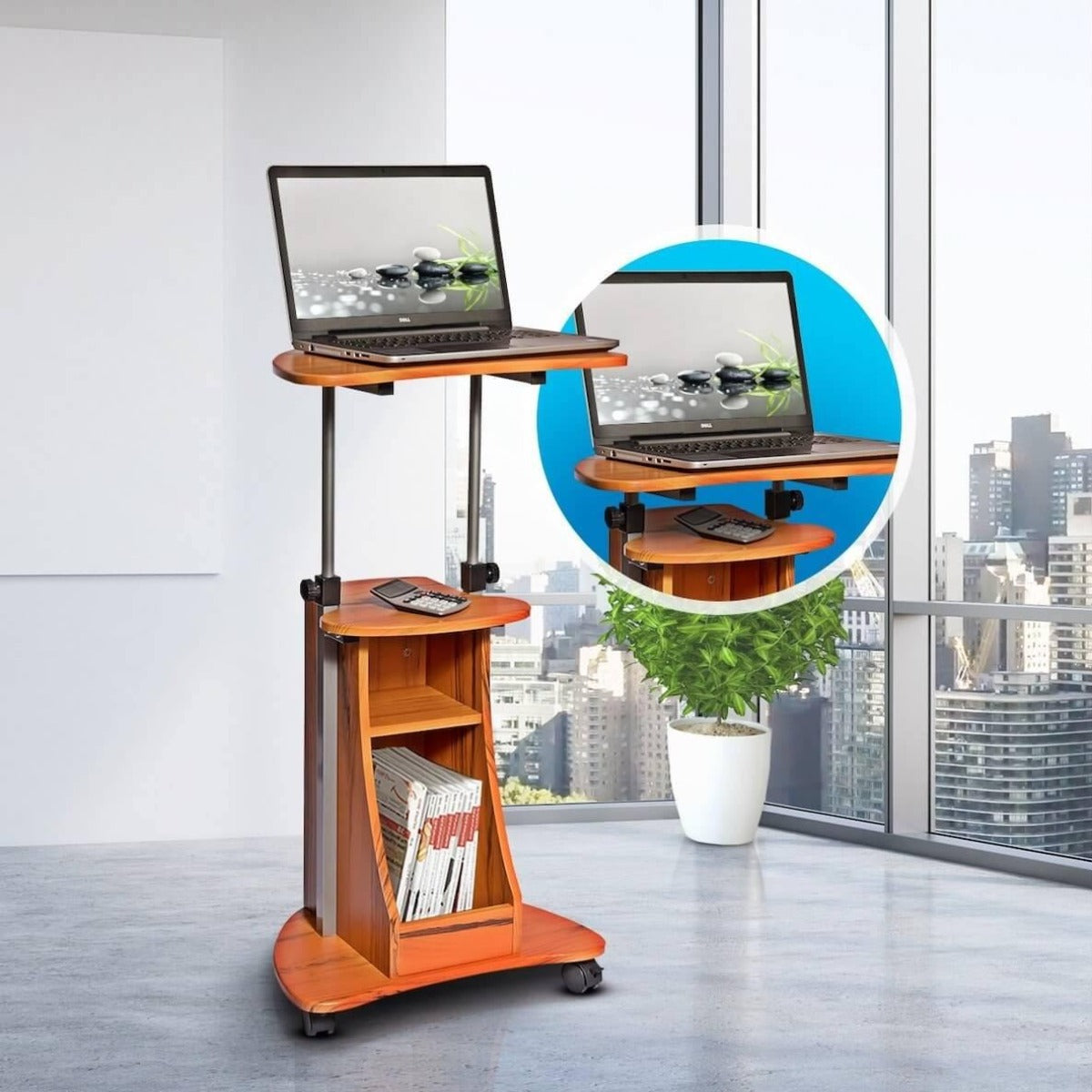 Techni Mobili Wood Grain Sit-to-Stand Rolling Adjustable Height Laptop Cart With Storage RTA-B002-WG01 in Office #color_wood grain