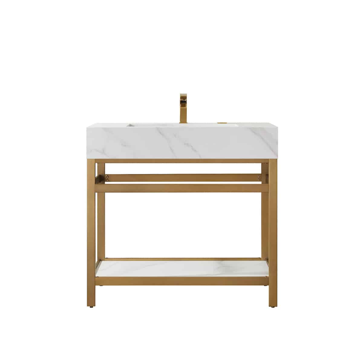 Vinnova Bilbao 36 Inch Freestanding Single Vanity with Brushed-Gold Stainless Steel Bracket Match with Snow Mountain-White Stone Countertop Without Mirror 701136-BG-SMB-NM