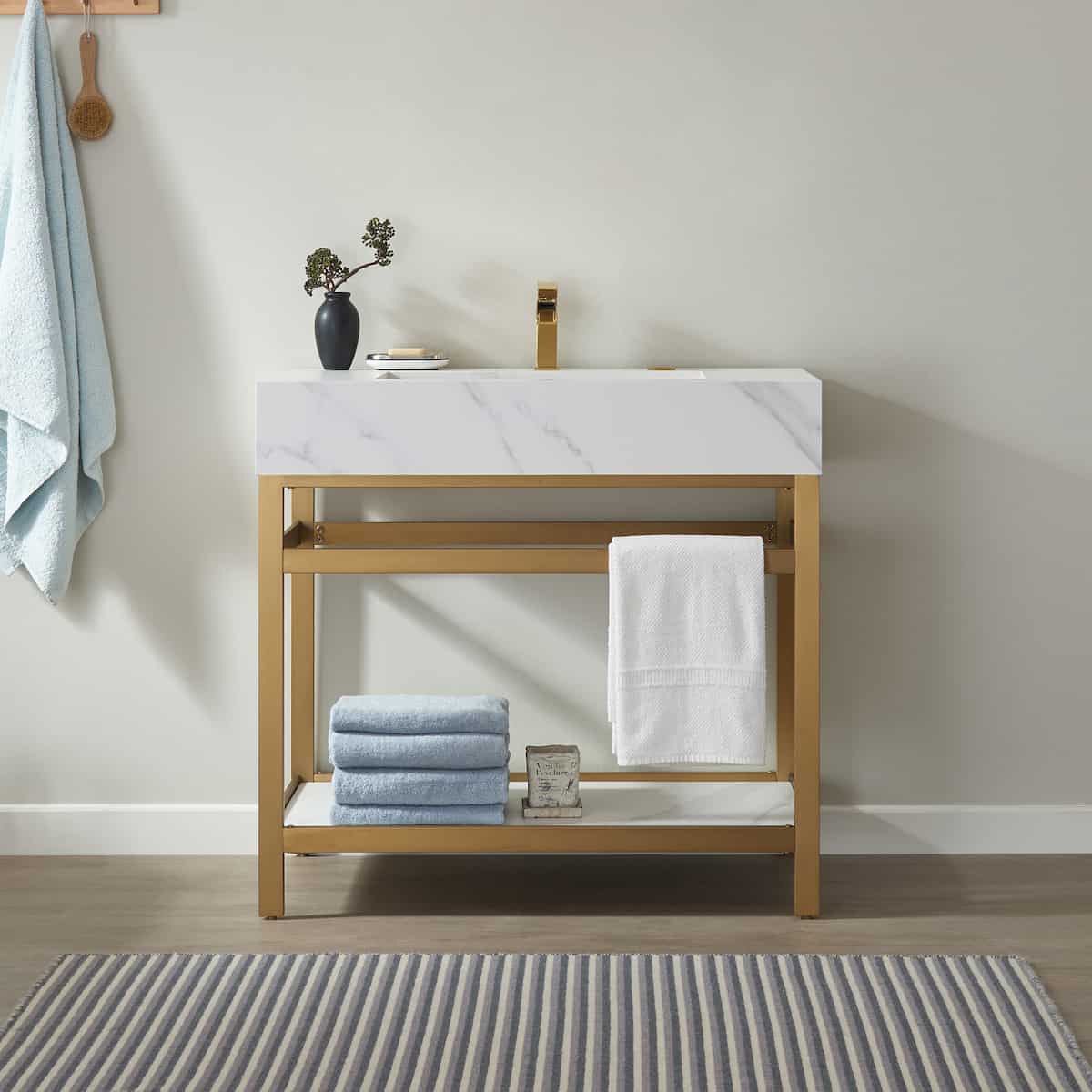 Vinnova Bilbao 36 Inch Freestanding Single Vanity with Brushed-Gold Stainless Steel Bracket Match with Snow Mountain-White Stone Countertop Without Mirror in Bathroom 701136-BG-SMB-NM
