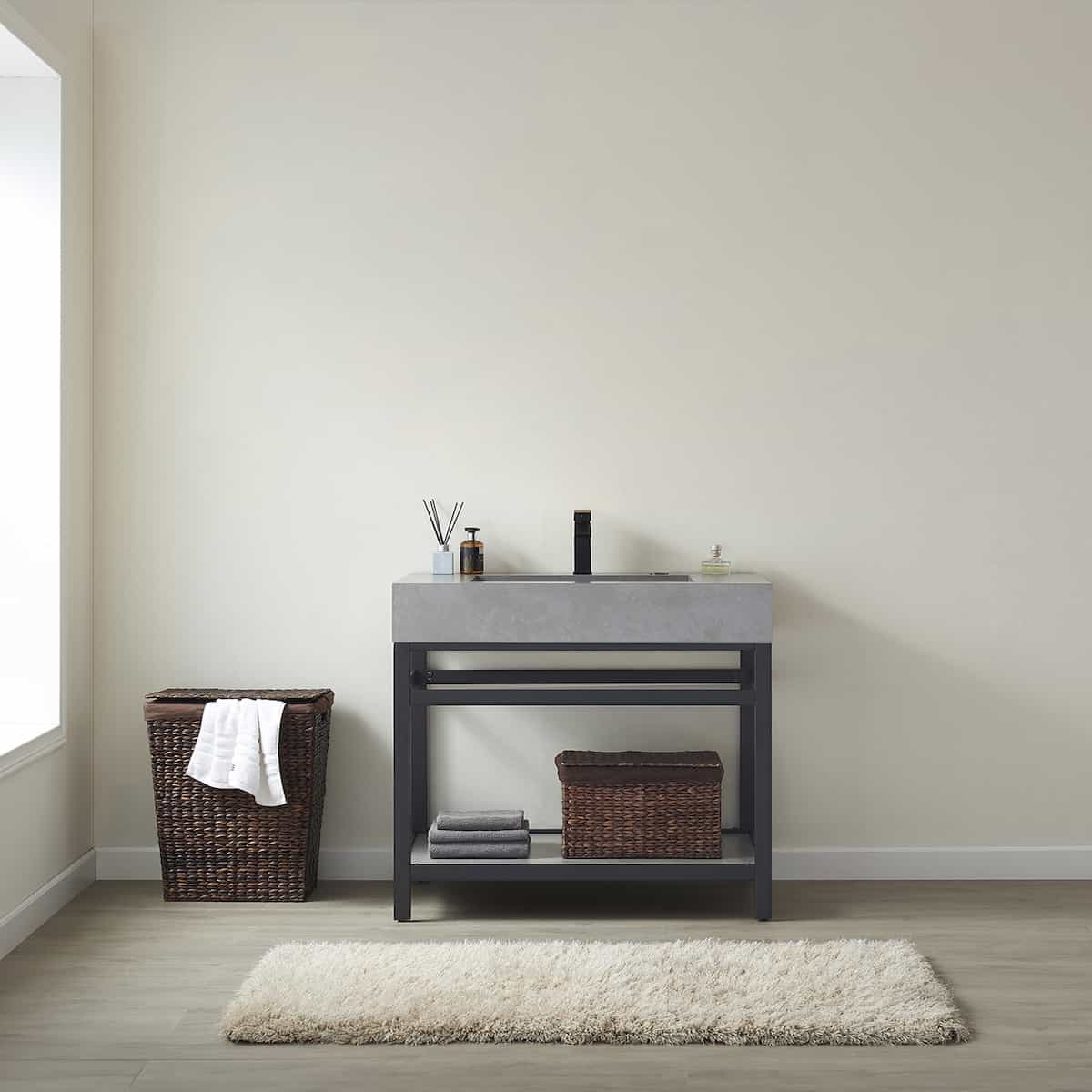 Vinnova Bilbao 36 Inch Freestanding Single Vanity with Matte Black Stainless Steel Bracket Match with Grey Sintered Stone Top Without Mirror in Bathroom 701136-TB-WK-NM