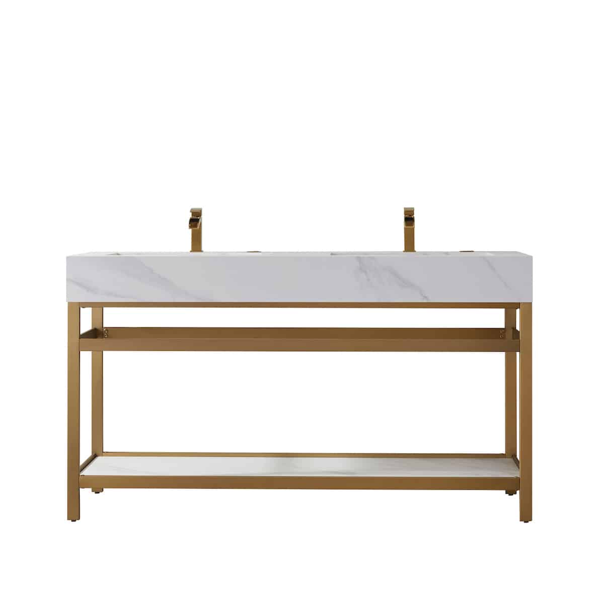 Vinnova Bilbao 60 Inch Freestanding Double Vanity with Brushed-Gold Stainless Steel Bracket Match with Snow Mountain-White Stone Countertop Without Mirror 701160-BG-SMB-NM