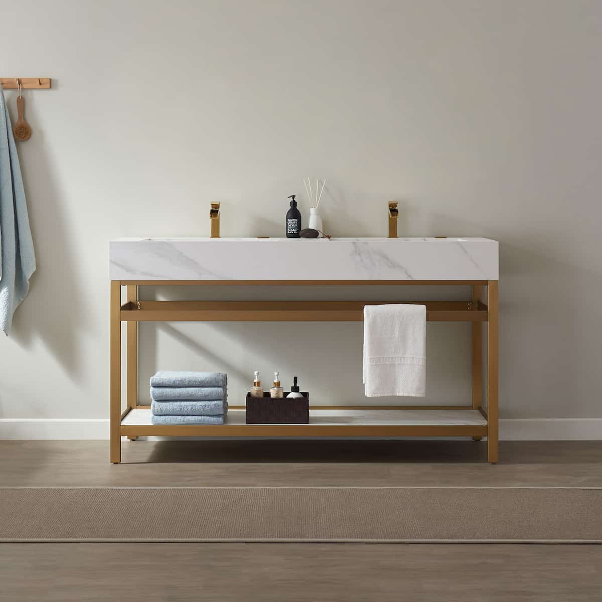 Vinnova Bilbao 60 Inch Freestanding Double Vanity with Brushed-Gold Stainless Steel Bracket Match with Snow Mountain-White Stone Countertop Without Mirror in Bathroom 701160-BG-SMB-NM