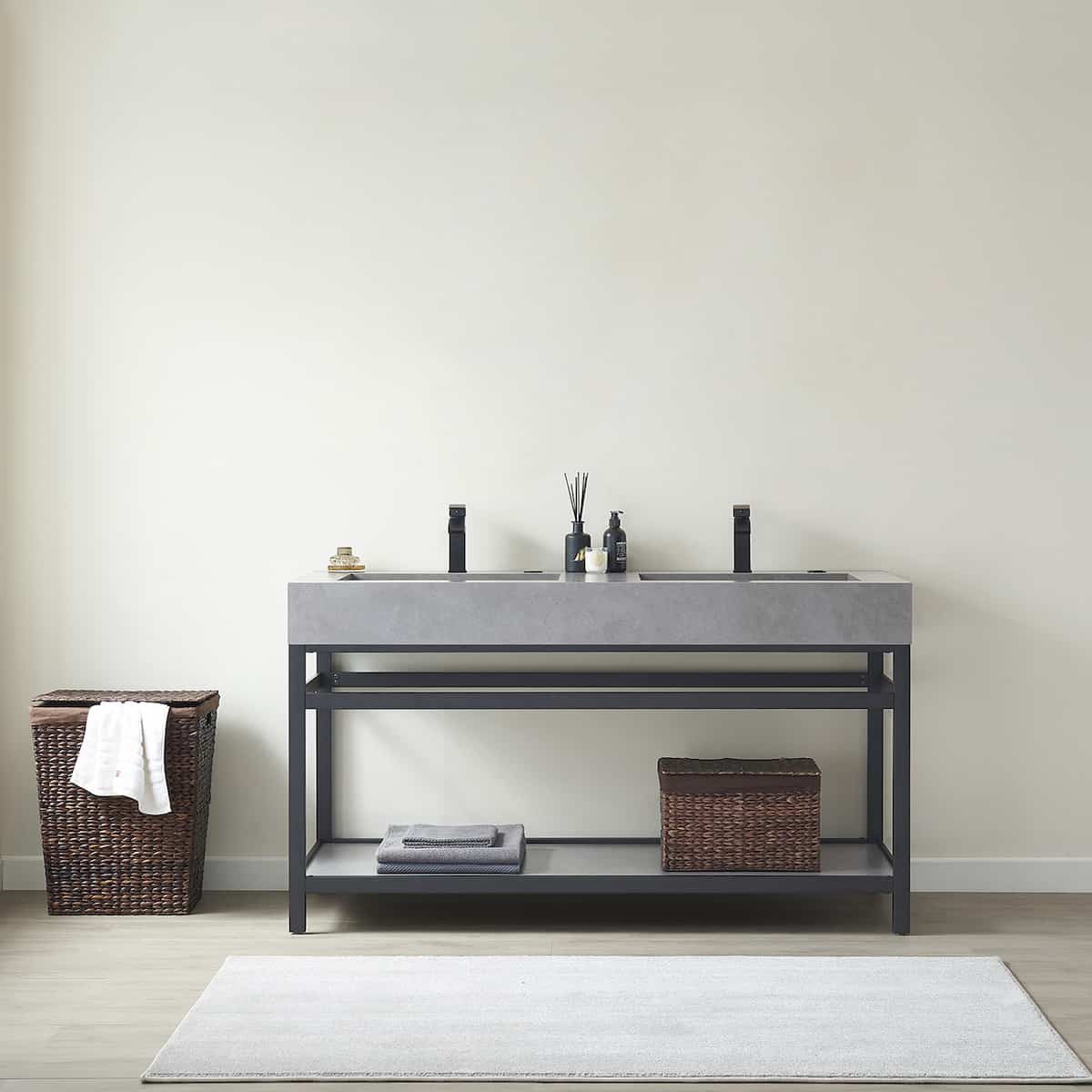 Vinnova Bilbao 60 Inch Freestanding Double Vanity with Matte Black Stainless Steel Bracket Match with Grey Sintered Stone Top Without Mirror in Bathroom 701160-TB-WK-NM