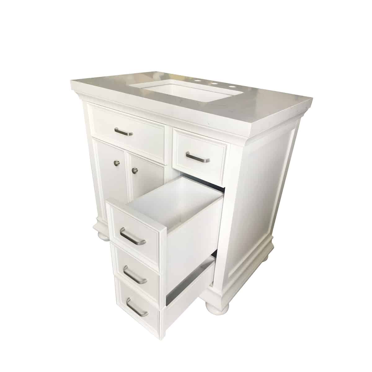 Vinnova Charlotte 36 Inch White Freestanding Single Vanity with Carrara Quartz Stone Top Without Mirror 735036-WH-CQS-NM