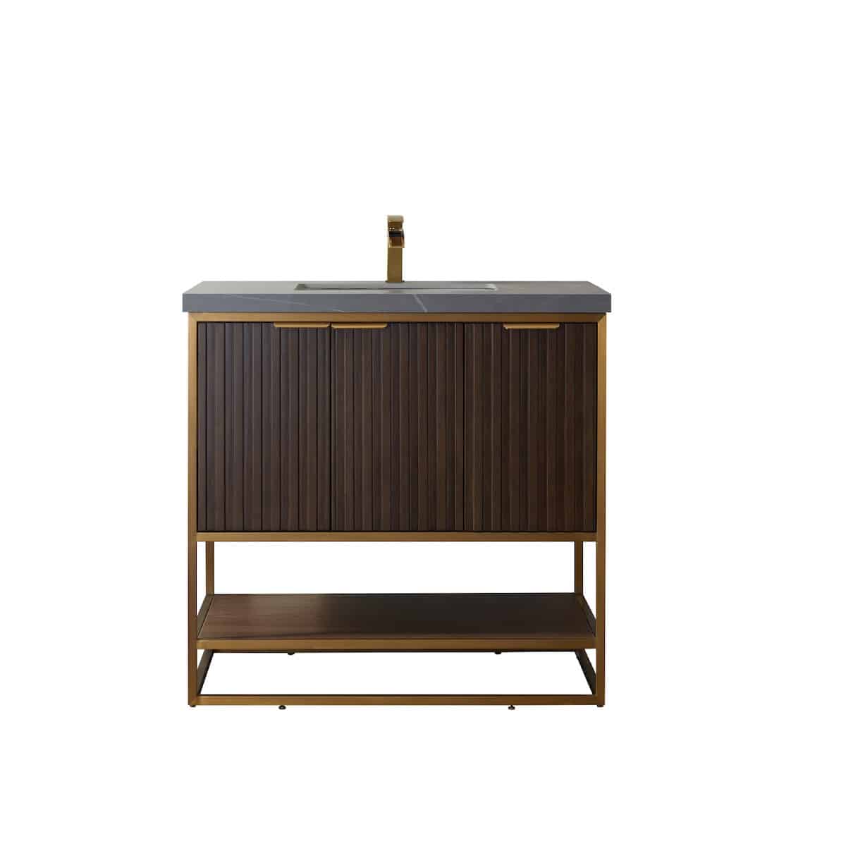Vinnova Donostia 36 Inch Freestanding Single Vanity in Walnut with Grey Composite Armani Limestone Board Stone Countertop Without Mirror 737036-NLW-ALB-NM