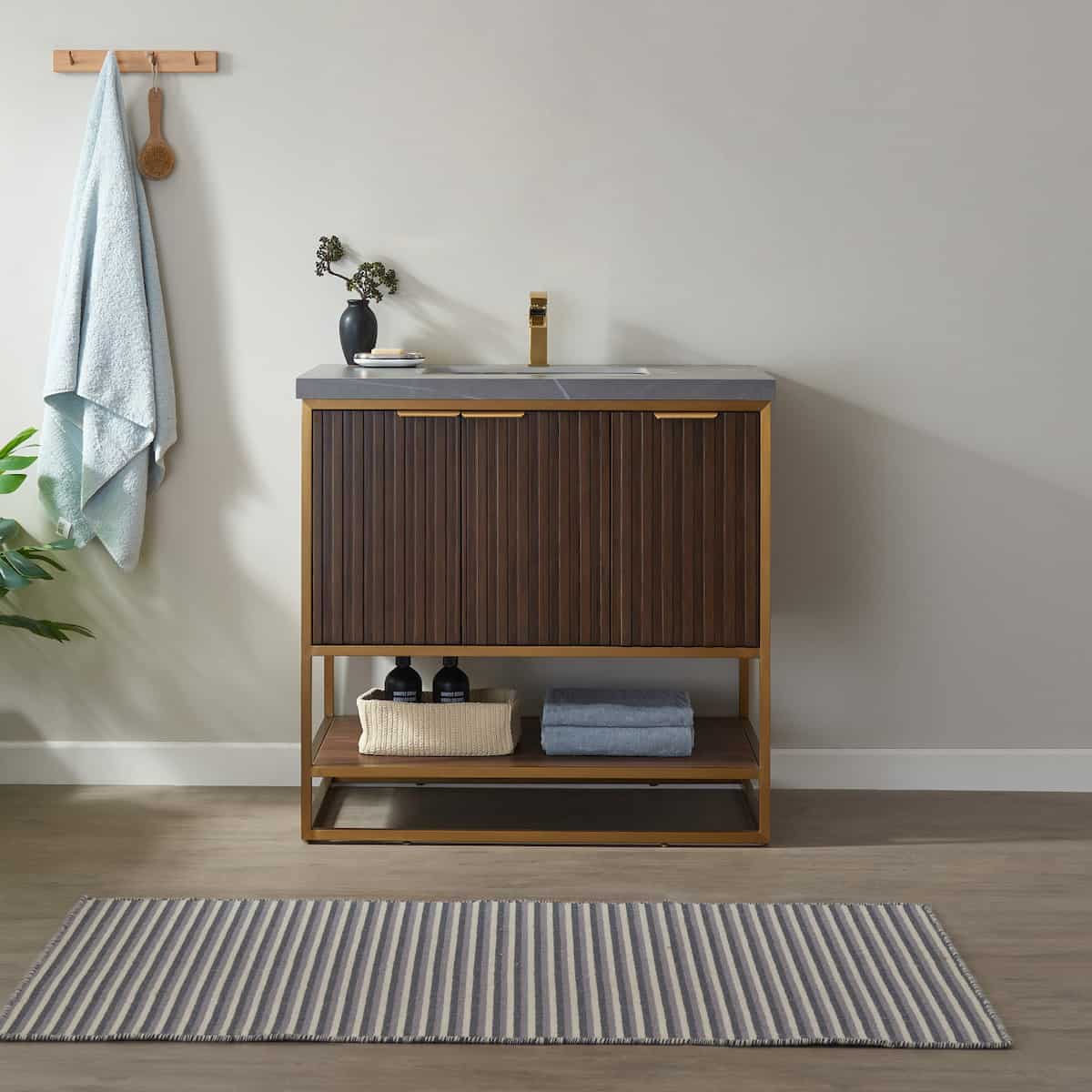 Vinnova Donostia 36 Inch Freestanding Single Vanity in Walnut with Grey Composite Armani Limestone Board Stone Countertop Without Mirror in Bathroom 737036-NLW-ALB-NM