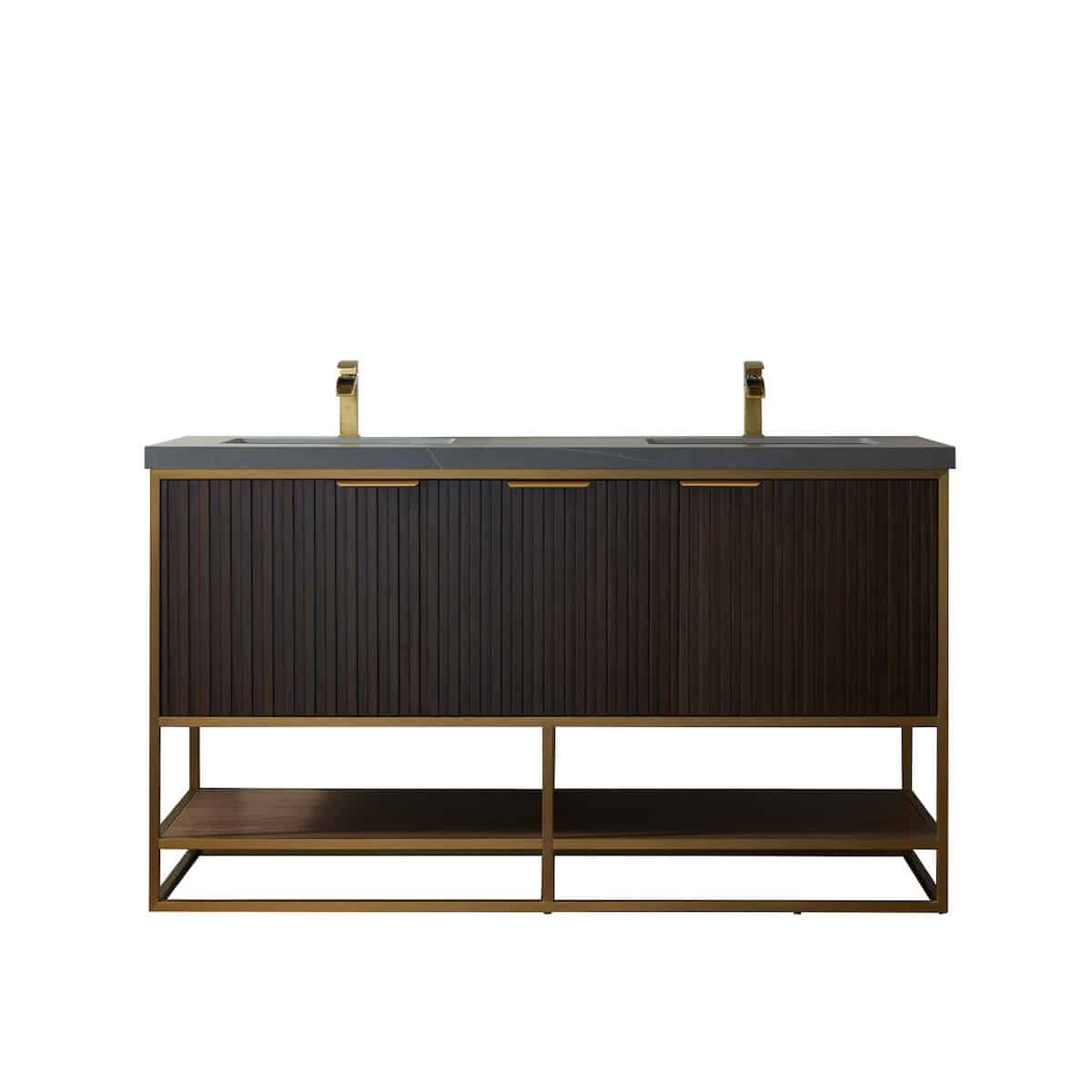 Vinnova Donostia 60 Inch Freestanding Double Vanity in Walnut with Grey Composite Armani Limestone Board Stone Countertop Without Mirror 737060-NLW-ALB-NM