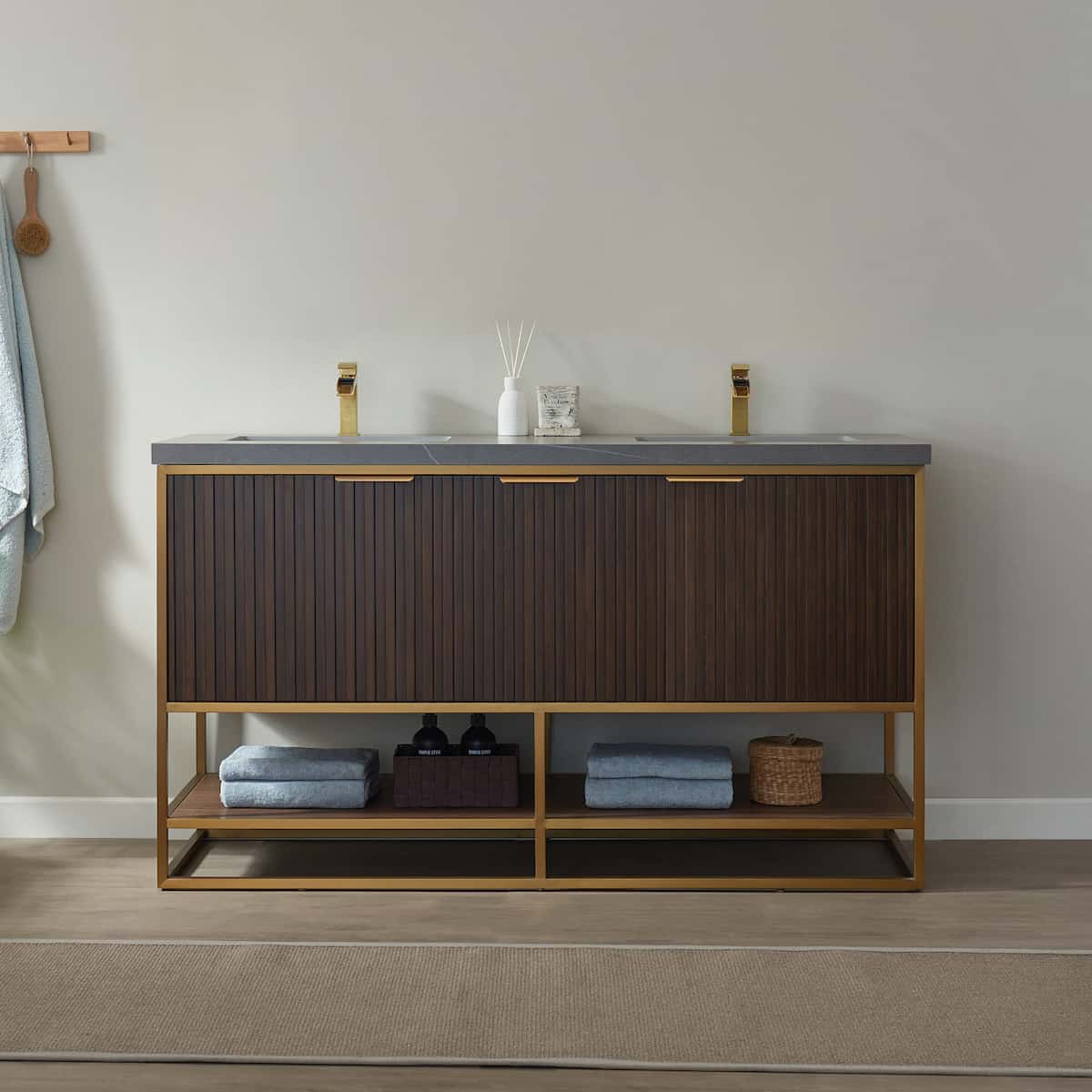 Vinnova Donostia 60 Inch Freestanding Double Vanity in Walnut with Grey Composite Armani Limestone Board Stone Countertop Without Mirror in Bathroom 737060-NLW-ALB-NM
