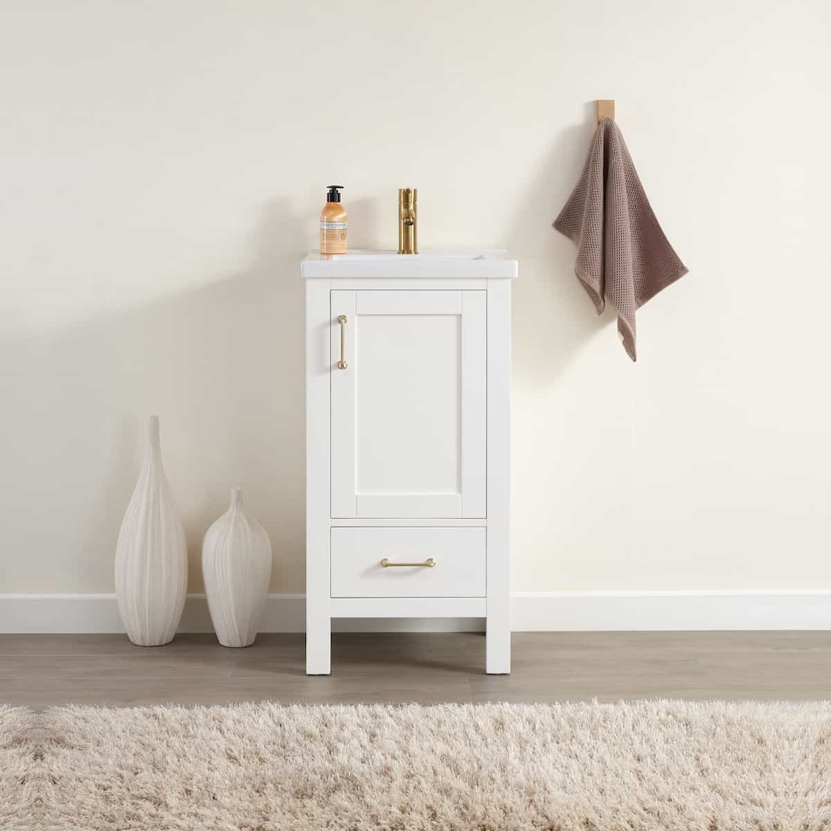 Vinnova Gela 18 Inch White Freestanding Single Sink Bath Vanity with Drop-In White Ceramic Basin Without Mirror in Bathroom 723018-WH-WH-NM
