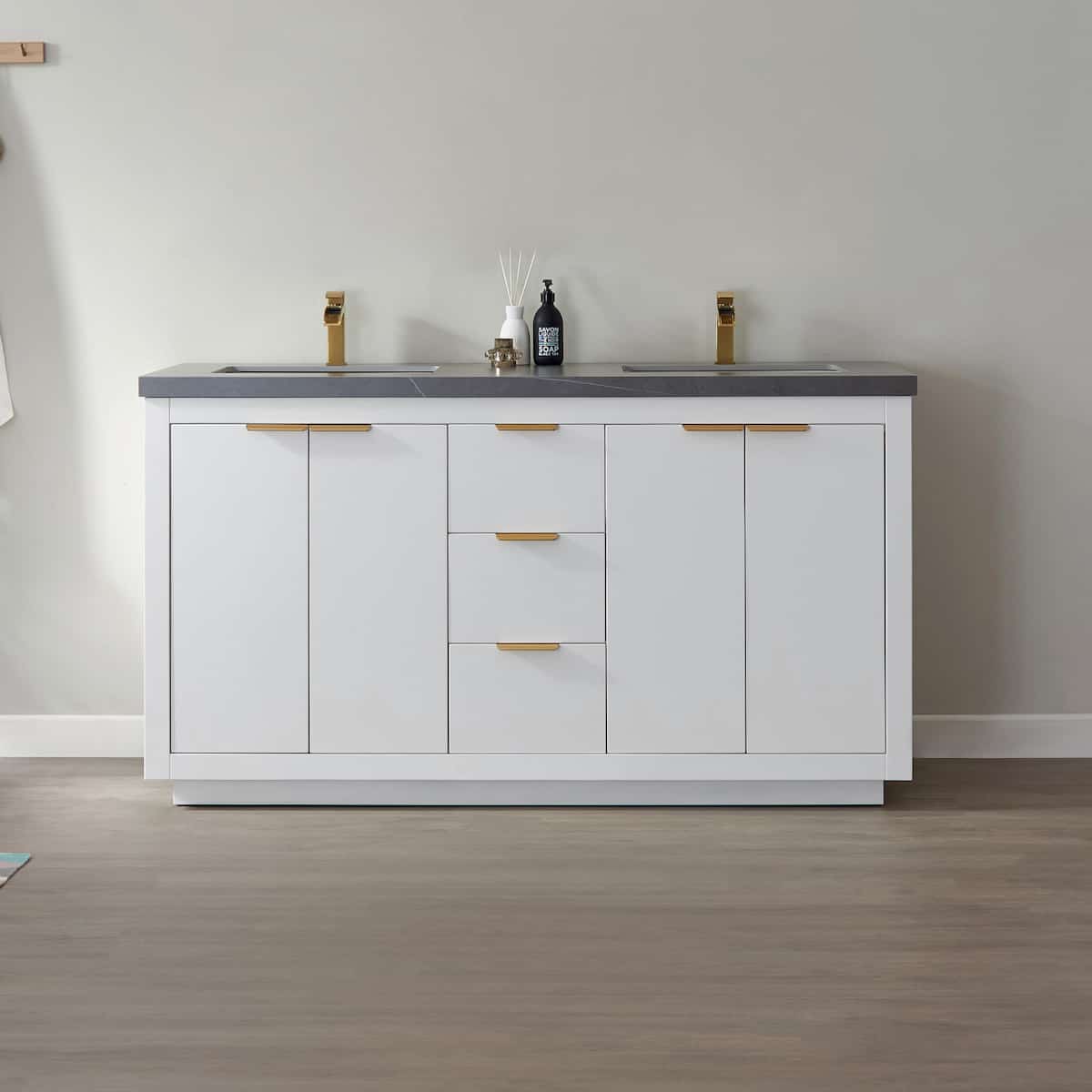 Vinnova Leiza 60 Inch Freestanding Double Vanity in White with Grey Sintered Stone Countertop Without Mirror in Bathroom 701560-WH-ALB-NM
